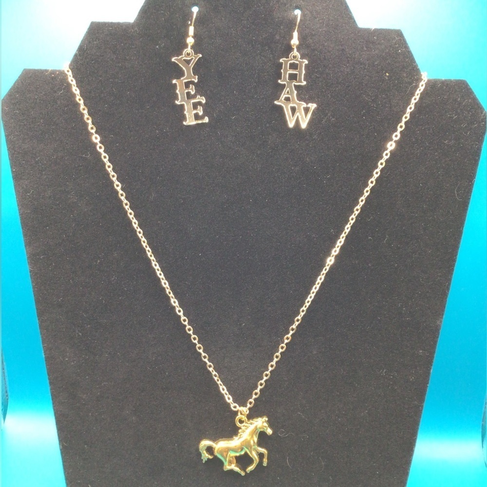 New Gold Horse Necklace and Yee Haw Earrings Set